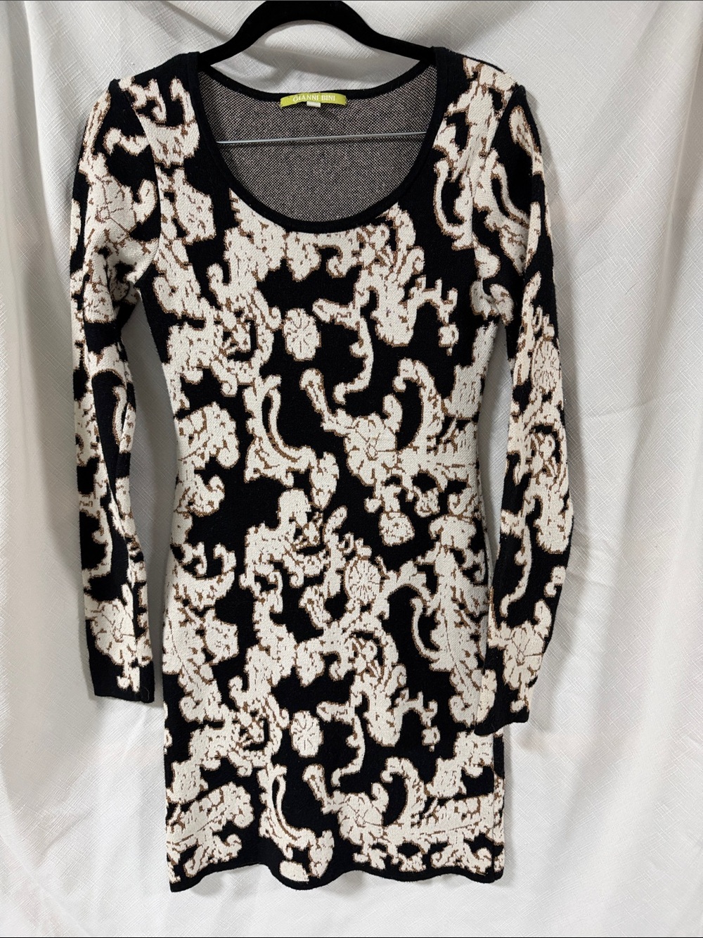 Gianni Bini Black and Cream Long Sleeve Scoop Neck Knit Dress